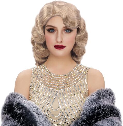 STfantasy Finger Wave Wigs 1920s Retro Long Curly Brown Synthetic Hair for Women Cosplay Halloween Party Costume (Black) in Saudi Arabia