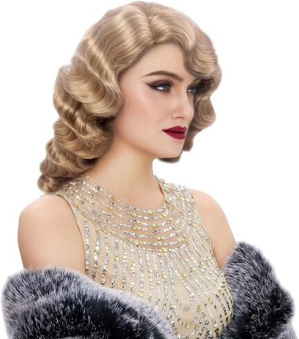 STfantasy Finger Wave Wigs 1920s Retro Long Curly Brown Synthetic Hair for Women Cosplay Halloween Party Costume (Black) in Saudi Arabia