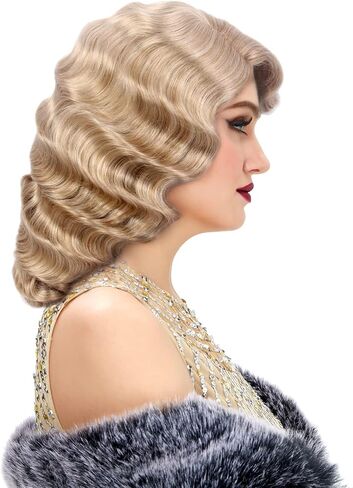 STfantasy Finger Wave Wigs 1920s Retro Long Curly Brown Synthetic Hair for Women Cosplay Halloween Party Costume (Black) in Saudi Arabia