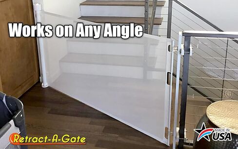Retract-A-Gate 52 Inch White Retractable Baby and Dog Gate, Made in USA | The original certified retractable gate for top & bottom stairs; 200lb push-out force, angled installs, wide, tall, & sleek in Saudi Arabia