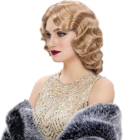STfantasy Finger Wave Wigs 1920s Retro Long Curly Brown Synthetic Hair for Women Cosplay Halloween Party Costume (Black) in Saudi Arabia