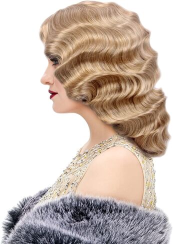STfantasy Finger Wave Wigs 1920s Retro Long Curly Brown Synthetic Hair for Women Cosplay Halloween Party Costume (Black) in Saudi Arabia
