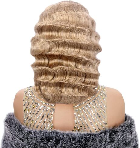 STfantasy Finger Wave Wigs 1920s Retro Long Curly Brown Synthetic Hair for Women Cosplay Halloween Party Costume (Black) in Saudi Arabia