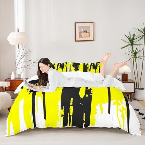 jejeloiu Abstract Art Comforter Cover Toddler Kids Simple Modern Geometric Bedding Set for Boys Girls Yellow White Black Painting Duvet Cover Room Decor（No Comforter in Saudi Arabia