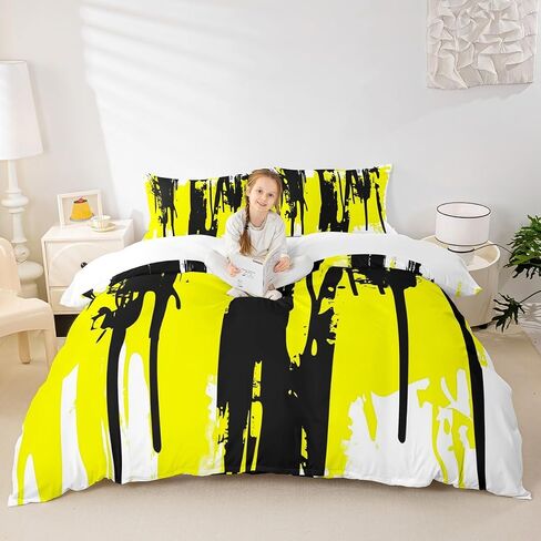 jejeloiu Abstract Art Comforter Cover Toddler Kids Simple Modern Geometric Bedding Set for Boys Girls Yellow White Black Painting Duvet Cover Room Decor（No Comforter in Saudi Arabia
