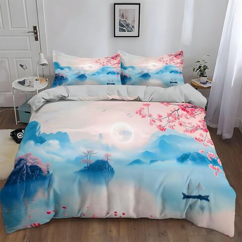 3Pcs Mountain Lake Eastern Ink Style Duvet Cover California King Bedding Sets, Gray Soft Microfiber Quilt Cover, 2 Pillow Cases for Boys Girls Toddler Kids Bedding in Saudi Arabia