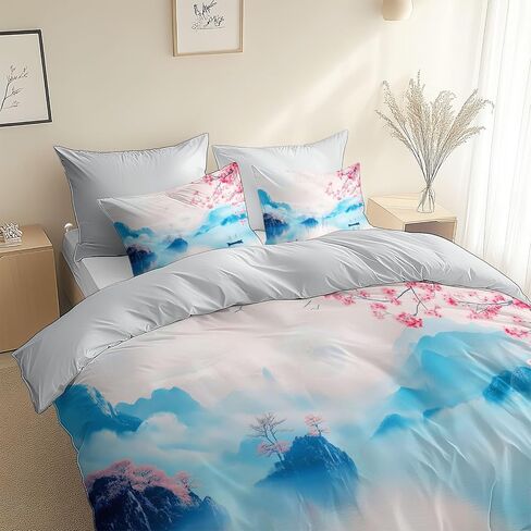 3Pcs Mountain Lake Eastern Ink Style Duvet Cover California King Bedding Sets, Gray Soft Microfiber Quilt Cover, 2 Pillow Cases for Boys Girls Toddler Kids Bedding in Saudi Arabia