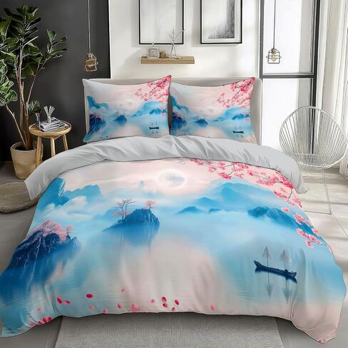 3Pcs Mountain Lake Eastern Ink Style Duvet Cover California King Bedding Sets, Gray Soft Microfiber Quilt Cover, 2 Pillow Cases for Boys Girls Toddler Kids Bedding in Saudi Arabia