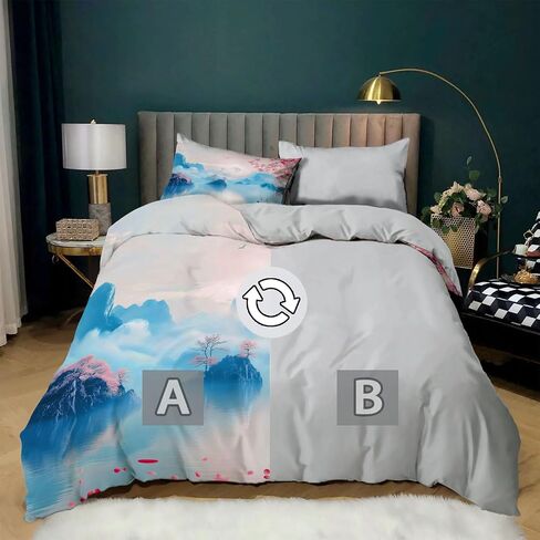 3Pcs Mountain Lake Eastern Ink Style Duvet Cover California King Bedding Sets, Gray Soft Microfiber Quilt Cover, 2 Pillow Cases for Boys Girls Toddler Kids Bedding in Saudi Arabia
