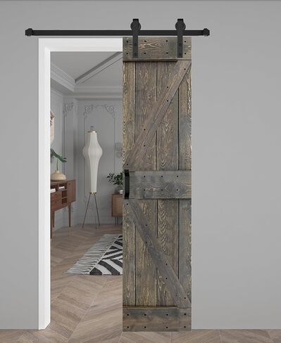 K Series 36in x 84in Smoky Gray Door Solid Wood Barn مع مسار الأجهزة - التجميع مطلوب in Saudi Arabia