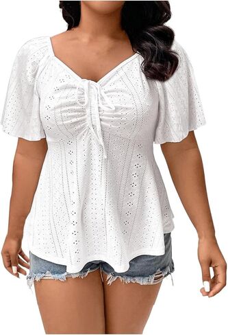 Womens Plus Size Tops Sweetheart Neck Short Sleeve Eyelet Embroidery Summer Loose Peplum Shirts(1X-5X) in Saudi Arabia