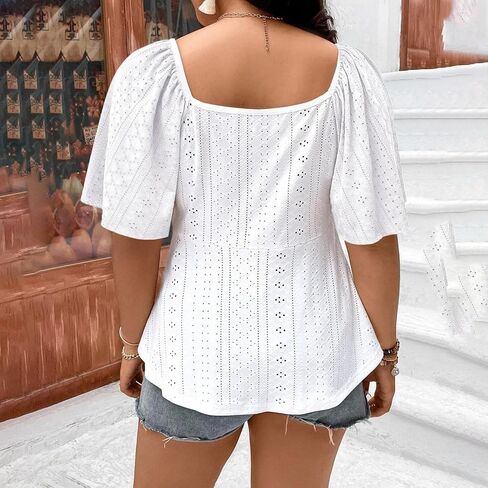 Womens Plus Size Tops Sweetheart Neck Short Sleeve Eyelet Embroidery Summer Loose Peplum Shirts(1X-5X) in Saudi Arabia