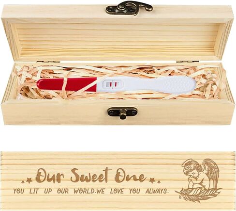 CHGCRAFT Pregnancy Test Keepsake Box Feather Angel Wooden Pregnancy Announcement Gifts Box with Raffia Ribbon and Lock Announcement Gifts for Dad Husband, 8x2x1.2inch in Kuwait