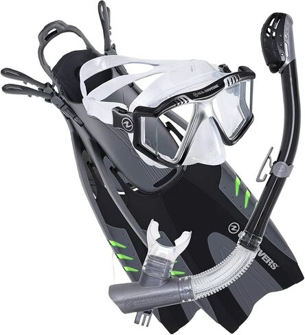 U.S. Divers Lux Adult Snorkel Set - 4-Window Panoramic View Mask, Dry Top Snorkel Technology, Vented Blades Fin Design Unisex Adult, Small/Medium (Men 4-8.5, Women 5-9.5), Dark Gray/Blue,SR239O1240SM in Saudi Arabia