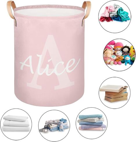 Custom Laundry Basket with Name, Personalized Baby Laundry Hamper for Bedroom Bathroom, Round Storage Hamper with Handle for Men Women Pink in Saudi Arabia