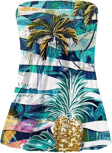 Women Tube Tops Sleeveless Off Shoulder Tops Strapless Bandeau Sexy Shirts Beach Print Smocked Ruffled T-Shirt in Saudi Arabia