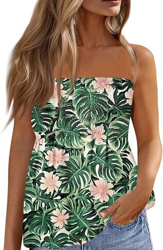 Women Tube Tops Sleeveless Off Shoulder Tops Strapless Bandeau Sexy Shirts Beach Print Smocked Ruffled T-Shirt in Saudi Arabia