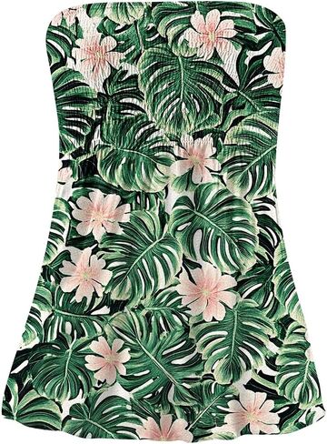 Women Tube Tops Sleeveless Off Shoulder Tops Strapless Bandeau Sexy Shirts Beach Print Smocked Ruffled T-Shirt in Saudi Arabia