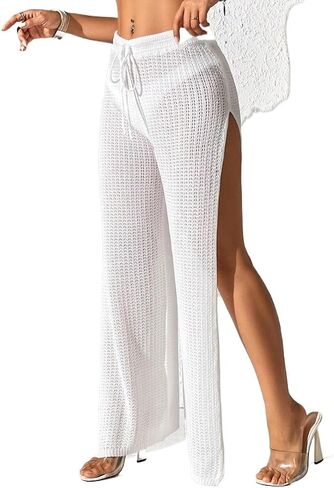 swimsuit coverup for women Solid Drawstring Waist High Slit Pants Summer Beach in Saudi Arabia