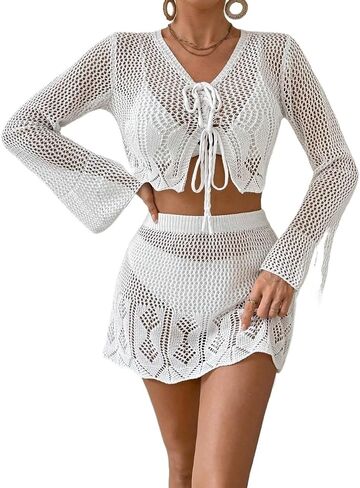 swimsuit coverup for women Plain Hollow Out Cover Up, 2pcs/Set,Summer Beach in Saudi Arabia