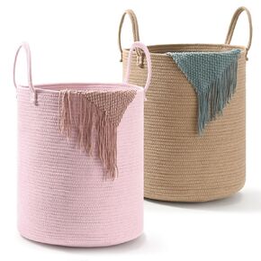2-Pack Large Cotton Rope Laundry Baskets – 15"x18" Extra Tall Baby Nursery Hampers for Dirty Clothes, Blankets, Toys & Storage – Pink & Jute Decorative Woven Bins for Girls’ Room or Laundry Room