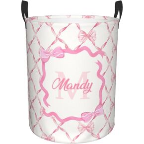 Personalized Laundry Basket for Nursery, Custom Nursery Laundry Hamper with Name, Customize Baby Clothes Circular Hamper for Boys Girls Room Decor, Pink Bow