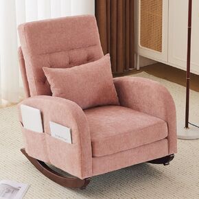 VINGLI Chenille Low Seat Rocking Chair,Upholstered Nursery Glider Chair with Side Pockets,Accent Arm Chair with High Backrest,Comfy Head Rest, and Solid Wood Base for Living Room Bedroom Balcony,Pink