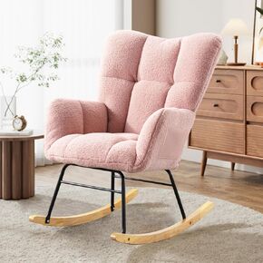 Nursery Rocking Chair Teddy Upholstered Padded Seat Rocking Chair High Backrest Glider Accent Chair for Bedroom Office Living Room (Pink)