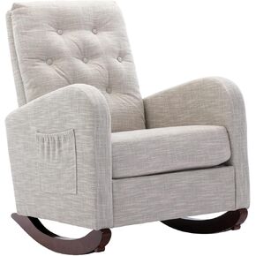 Upholstered Rocking Chair for Nursery, Accent Glider Rocker with Side Pocket, Comfy Armchair with Tall Backrest and Double Layer Cushion, Baby Nursery Glider for Living Room, Bedroom (Light Grey)