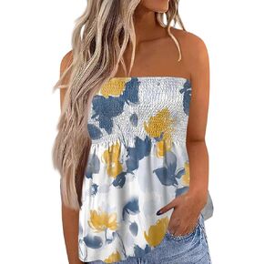 Womens Strapless Bandeau Tank Tops Tube Tops Floral Tanks Smocked Ruffled Backless Casual Bandeau Sleeveless Shirts