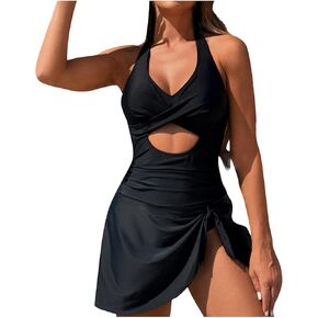 Bathing Suit Dress for Women Tummy Control Swim Dress One Piece Swimsuit Twist Front Cutout Swim Suit Skirt Swimwear