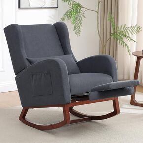 Rocking Chair Nursery with Foot Rest, Wingback Nursery Rocking Chairs, Teddy Nursing Glider Rocker Chair with Pillow and High Back for Nursery, Living Room, Bedroom, Grey