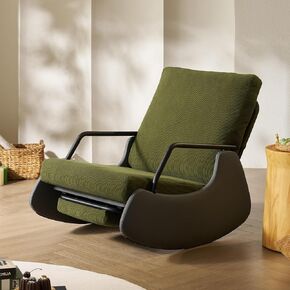 Nursery Rocking Chair with Adjustable Backrest & Footrest, Soft Fabric Upholstered Small Glider Rocker, Modern Living Room Armchair, Bedroom Chair, Brown Faux Leather, Green Corduroy