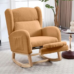 NIOIIKIT Oversized Nursery Rocking Chair with Footrest, Teddy Upholstered Glider, Rocker with Side Pocket, Accent Reading Chair for Living Room & Nursing, White Teddy