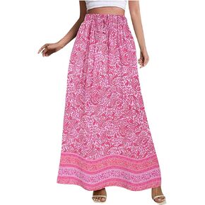 Womens High Waist Flared Maxi Skirts Boho Floral Swing Midi Skirt Casual Summer Long Skirt Beach Vacation Resort
