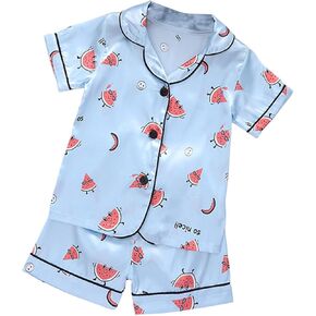 Watermelon Print 𝐒ilk 𝐏ajamas for Girls Short Sleeve Kids 𝐏𝐣s Sets Satin Button Down 𝗦leepwear Tops Shorts 2pc