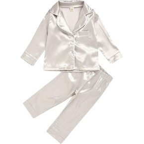Toddler Baby Stain 𝐏ajamas 2pc Set Solid Long Sleeve Button Down 𝗦leepwear Silky Top Kids Plain Comfy Soft 𝗣𝗷s
