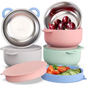 Baby Suction Bowls with Lids 4-Pack, 2-in-1 Stainless Steel 304 Toddler Bowl & Removable Silicone Suction Kids Bowl Plate Set Non Toxic Snack Dishes for Self-Feeding, Ocean Explorer Set