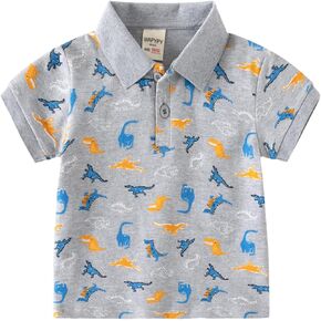 Boys Polo Collared Shirt Toddler Short Sleeve Button Print T-Shirt Cute Dinosaur Tops Kids Cute Golf Tennis Tee Top