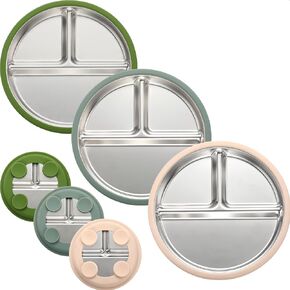 3Pack Sainless Steel Kids مع شفط ، 8.1 بوصة من ألواح الأطفال الصغار المقسمة مع الأكمام السيليكون القابلة للإزالة BPA خالية من الانزلاق 2-في 1 الأوعية المعدنية المضادة للكسر