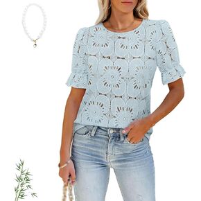 Women's Eyelet Tops Puff Short Sleeve Blouses Crew Neck Hollow Out Crochet Lace Embroidered Summer Shirts