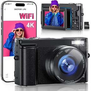 4K Digital Camera for Photography, WiFi 64MP 180° Flip Screen 3" Autofocus Vlogging Camera for YouTube, 16X Zoom Compact Point and Shoot Cameras for Beginner with 32GB Card, 2 Batteries