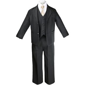 6pc Boy Black Vest Set Formal Tuxedo Suits with Satin Champagne Necktie Baby to Teen