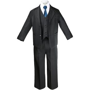 6pc Boy Black Vest Set Formal Tuxedo Suits with Satin Green Teal Necktie Baby to Teen