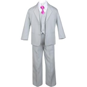 6pc Boy Gray Vest Formal Tuxedo Suits with Satin Fuchsia Pink Necktie Baby