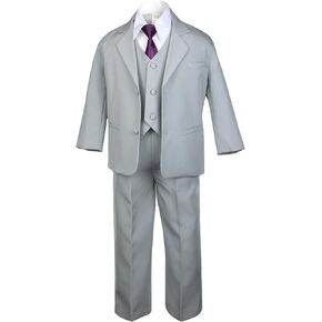 6pc Boy Gray Vest Formal Tuxedo Suits with Satin Eggplant Necktie Baby to Teen