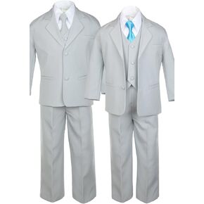 6pc Boy Gray Vest Formal Tuxedo Suits with Satin Turquoise Necktie Baby to Teen