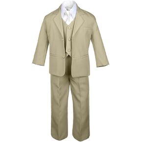 6pc Boy Khaki Vest Set Formal Tuxedo Suits with Satin Ivory Necktie Baby to Teen