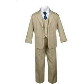 6pc Boy Khaki Vest Set Formal Tuxedo Suits with Satin Green Teal Necktie Baby to Teen