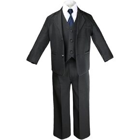 6pc Boy Black Vest Set Formal Tuxedo Suits with Satin Navy Necktie Baby to Teen